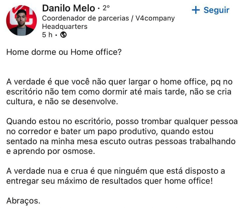 mateusprado's tweet photo. Você entendeu? Ninguem que quer trabalhar de verdade, quer home office. Estamos aqui no 'escritorio da casa' só embaçando, segundo os especialistas. https://t.co/5eTsMb5fSl