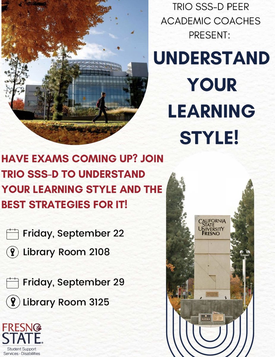 Hello, TRIO SSS-D students! Come and join your peer academic coaches (PACs) THIS Friday to understand your learning style! 📚 

📍Where? Library Room 2108! 
⏰ When? 12pm-1pm!