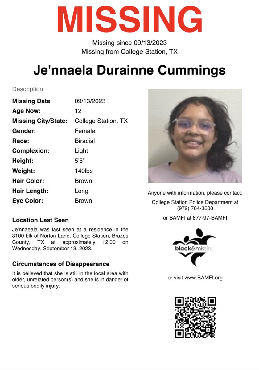 BAM_FI's tweet photo. College Station, TX: 12y/o Je’nnaela Cummings was last seen on September 13th at a residence in the 3100blk of Norton Lane. It is believed she is still in the local area with older/unrelated person(s) &amp; is in danger. #HelpUsFindUs #JennaelaCummings https://t.co/fL3aJ4moFQ