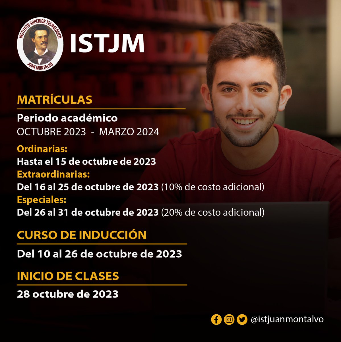 ¡#EsAhora! Hoy ni los costos, ni el tiempo no son un límite para estudiar tu carrera de tercer nivel.

Inscríbete ahora en nuestra web: istjm.edu.ec 

Puedes contactarnos al 096 861 9023 o visitarnos en la Av. Emiliano Ortega 213-47 y Lourdes