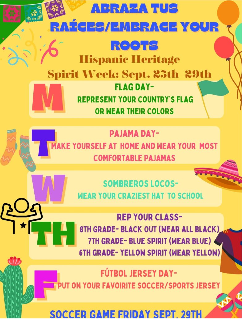 Celebrating Hispanic Heritage Month at <a href="/JohnHansonMS/">John Hanson MS</a> - Spirit Week Sept 25th - 29th.