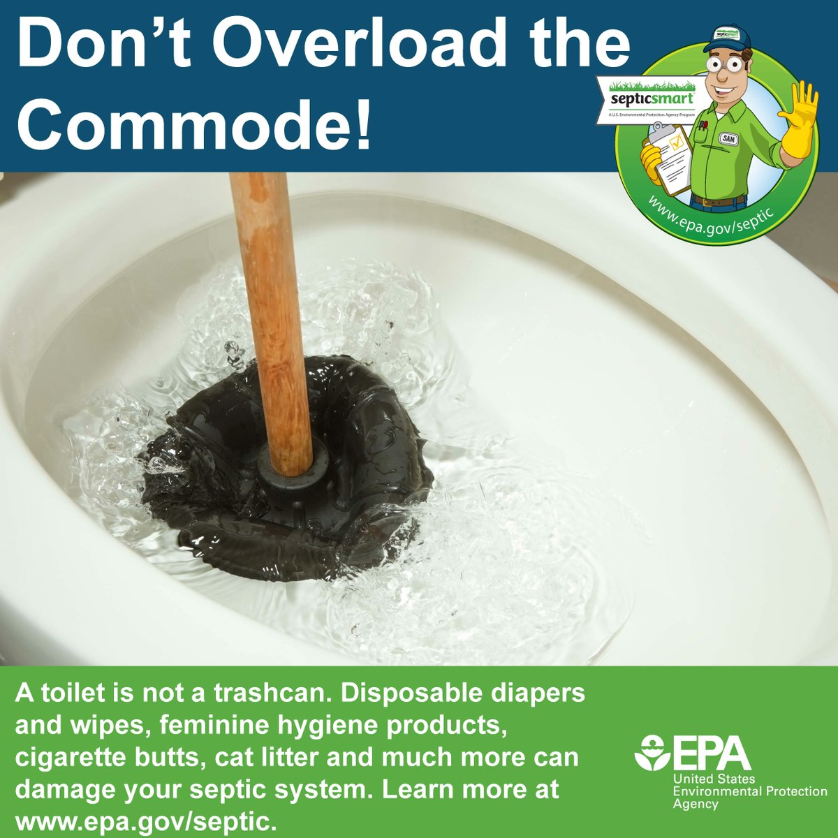 BrazosWater's tweet image. Don’t Overload the Commode: A toilet is not a trash can!

#SepticSmartWeek