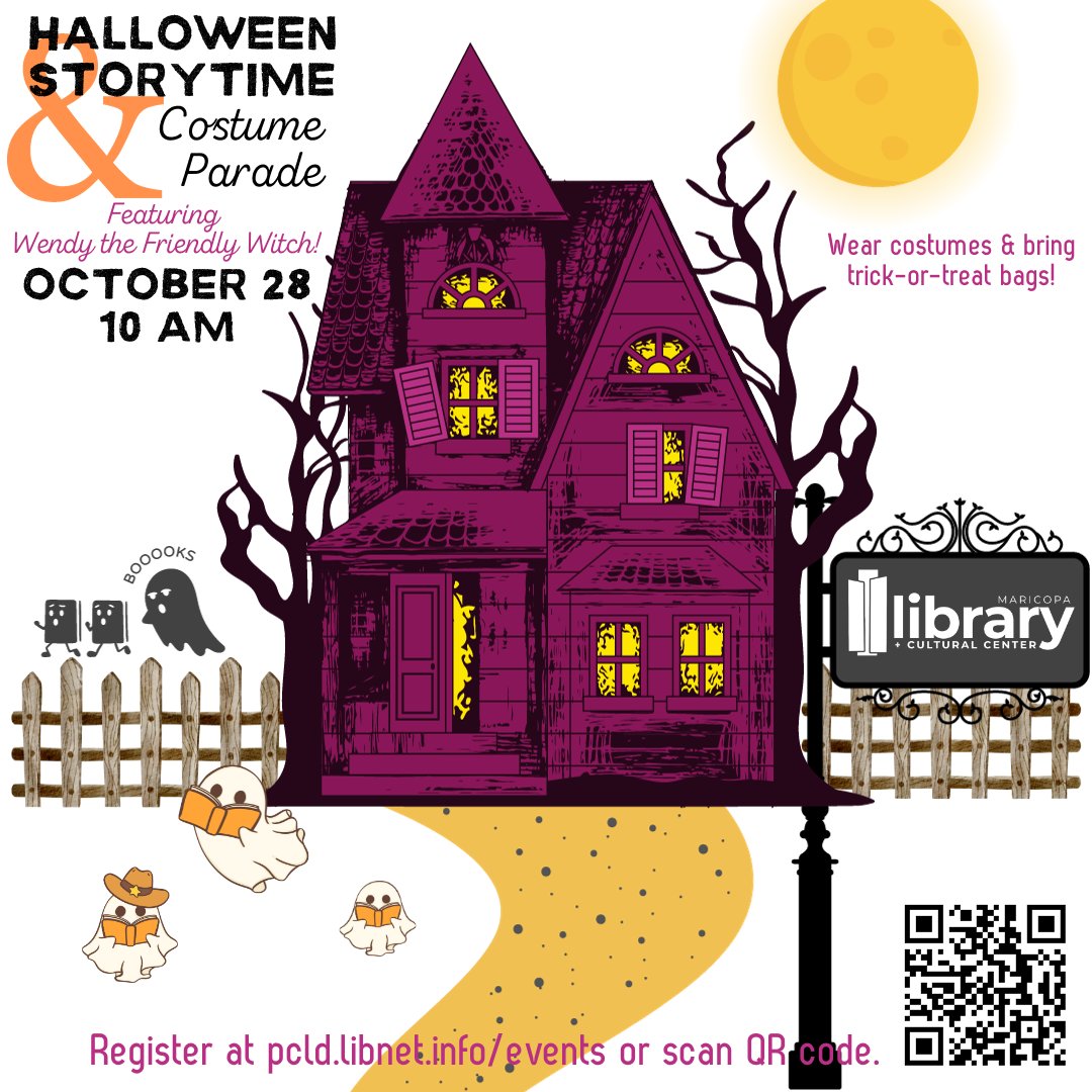 maricopalibrary's tweet image. #MLCC Halloween storytime and annual costume parade shenanigans commence on October 28 at 10 am. Come in costume and bring your treat bag for the parade after the fun Wendy the Witch storytime! Click Program link or pcld.libnet.info/events to register. #halloweenlibrary
