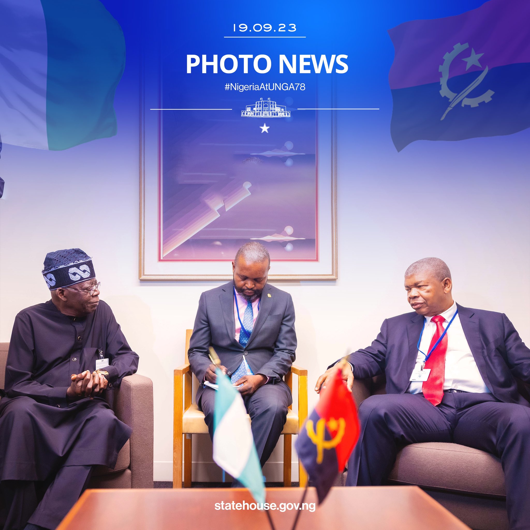 President Bola Tinubu @officialABAT in a Bilateral Meeting With João Manuel, President of Angola on the Sidelines of the Ongoing United Nations 78th General Assembly #PBATatUNGA78 #NigeriaAtUNGA78 #UNGA78 #UNGA