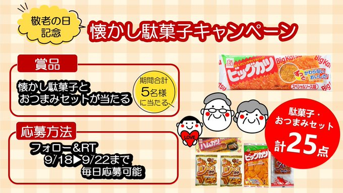 ＼懐かし駄菓子 #キャンペーン ／

昔食べたことがあるビッグカツ
子供の頃を思い出しながら
みんなで一緒に乾杯🍻

9/22まで毎日開催 '3日目'
期間合計5名様に「懐かし駄菓子とおつまみ（計25点）」プレゼント 

▼応募方法
①当アカウントをﾌｫﾛｰ
②このツイートをRT

締切 9/20  23:59