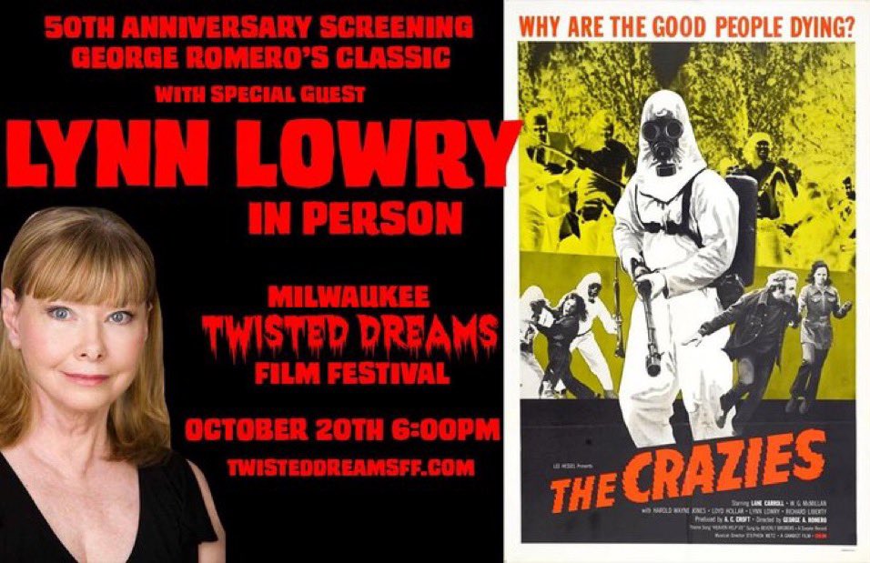 LynnLynnlowry's tweet photo. Excited to be celebrating the 50th Anniversary of THE CRAZIES at TWISTED DREAM FILM FESTIVAL. Hope to see you there💕🌹 https://t.co/73PymcZdmc