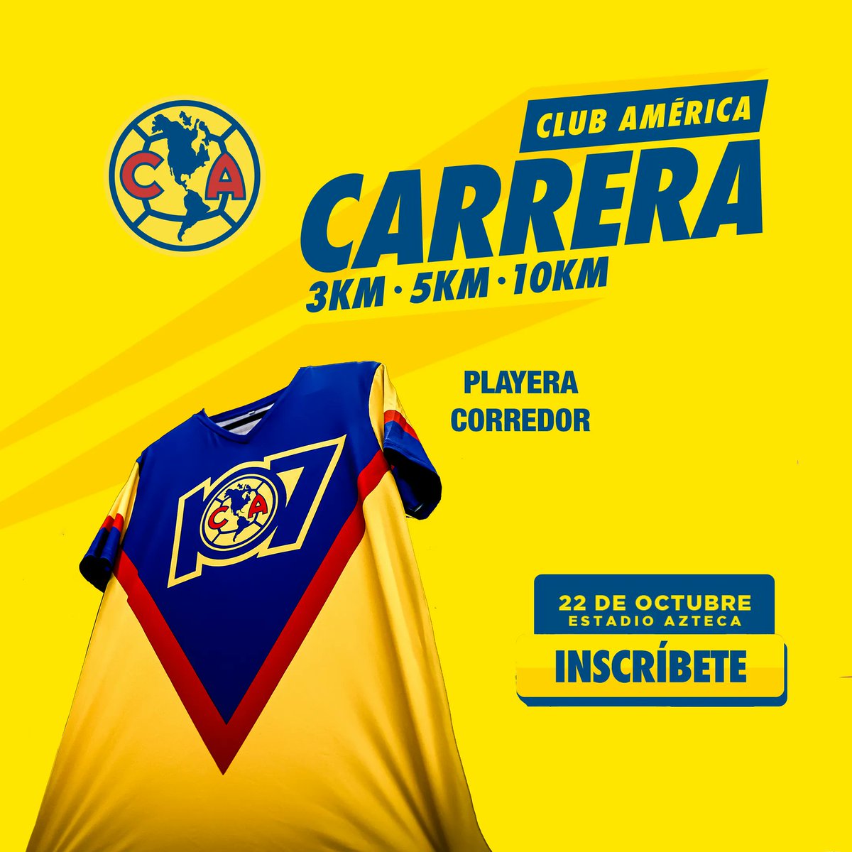 ¡Qué bien lucirás con la playera de la Carrera del Aniversario 107 del Club América!, inscríbete por $699.°° en Tiendas Martí o en el link buff.ly/455YMrS:; ¡Nos vemos en el Nido Águila el 22 de octubre! <a href="/ClubAmerica/">Club América</a>