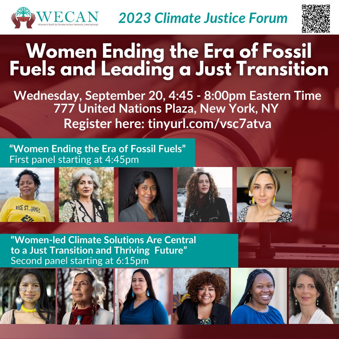 Please join me tomorrow to hear from some incredible global women leaders on strategies and solutions to #EndFossilFuels, implement a #JustTransition & ensure a healthy & just future! Register & learn more: tinyurl.com/vsc7atva @WECAN_INTL #ClimateWeek