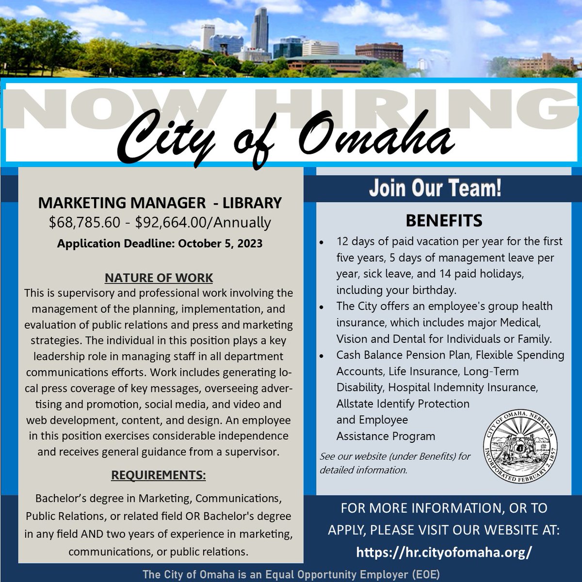 OPL strives to strengthen our communities by connecting people with ideas, information, and innovative services. Be a part of that innovation by joining our marketing team. Apply here! hr.cityofomaha.org/employments #omahalibrary #careeropportunities #marketing #hiring