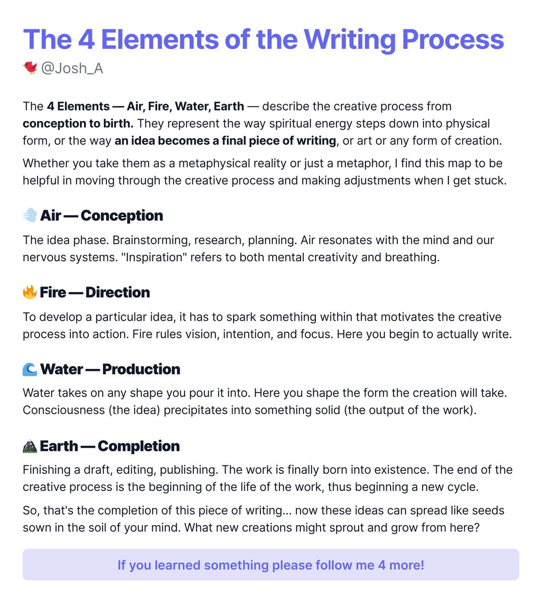 The 4 Elements of the Writing Process

Some hold that any act of intentional creation is a magickal act. Whether that's true or not, I find the map of the 4 elements helpful in writing. Here's how I think of it.

#onlinewriting #fourelements #airfirewaterearth #creatives