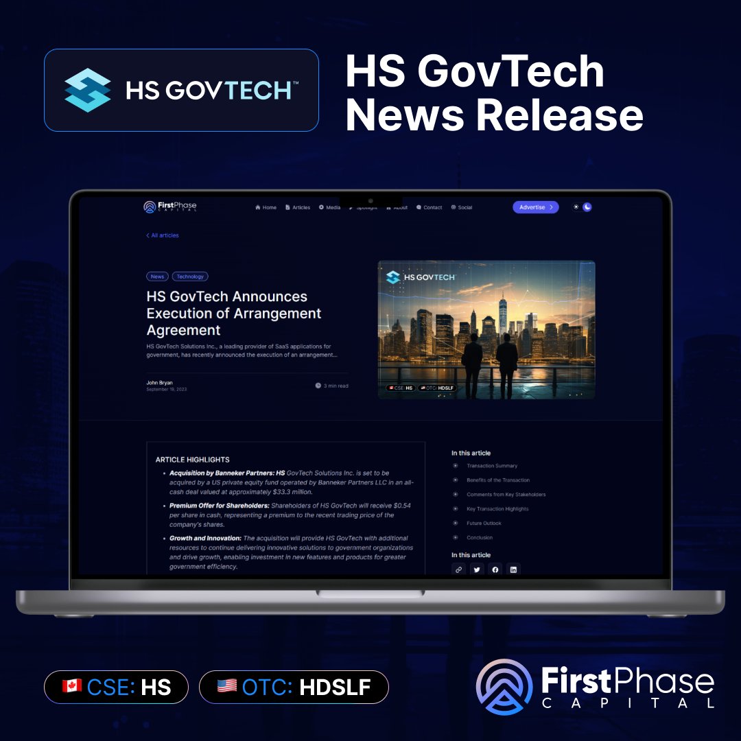 📢 Exciting news!

HS GovTech Solutions Inc. is set to be acquired in a $33.3M all-cash deal.

Unanimously recommended by the board and special committee, this partnership promises to drive innovation for government agencies.
💼🚀
Get the full scoop:
firstphasecapital.com/articles/hs-go…
