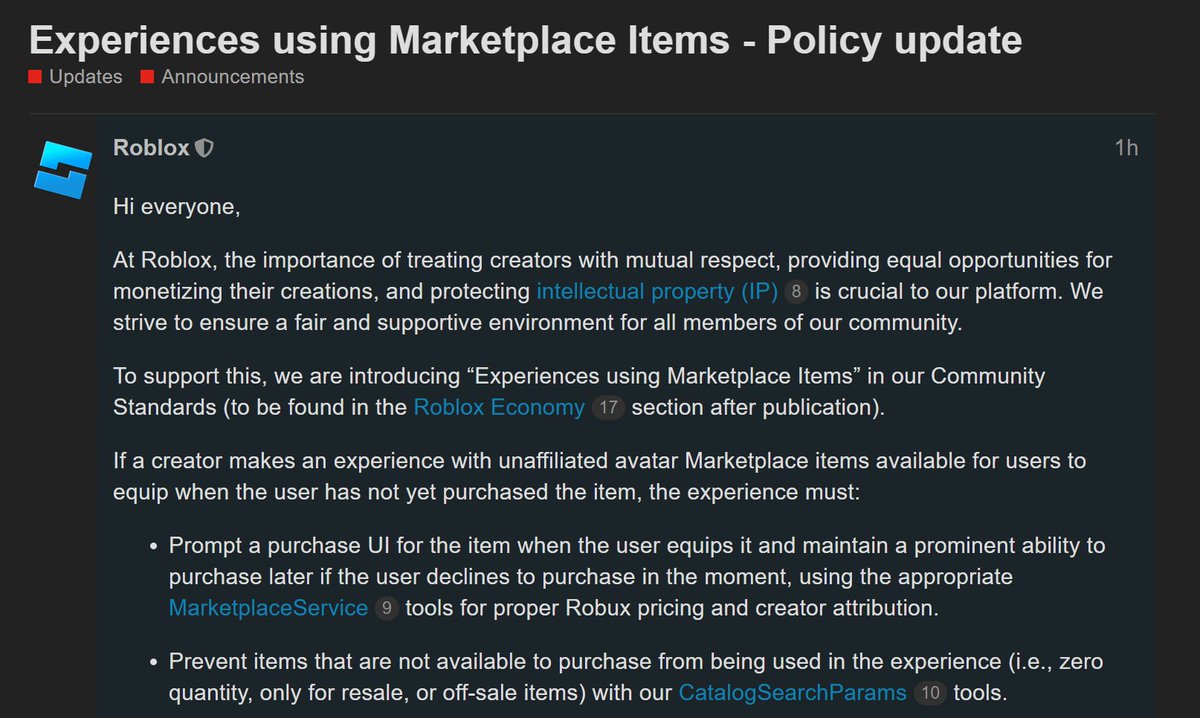 Roblox has officially taken the biggest L of the century. ⚠️Roblox is changing their Marketplace Item Policy to BAN Roblox Games from using: • 2D Roblox Faces (like noob face) • ALL Gear • ANY Offsale Items Please upvote my post to help prevent this: devforum.roblox.com/t/experiences-…