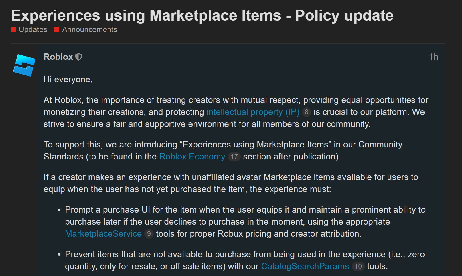 Experiences using Marketplace Items - Policy update - Announcements -  Developer Forum