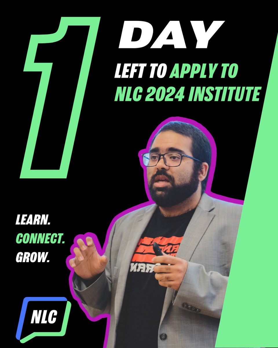 NLC's tweet photo. 1 day left to apply to NLC 2024 Institute. Learn. Connect. Grow. 

Applications are due on Wednesday, September 20th 10 AM ET / 7 AM PT.
⁠
Apply at https://t.co/YuYYWSDteV.⁠

ID: 1 day left to apply to NLC 2024 Institute. Learn. Connect. Grow. Iranian-American man speaking. https://t.co/JrNqb6Cql5