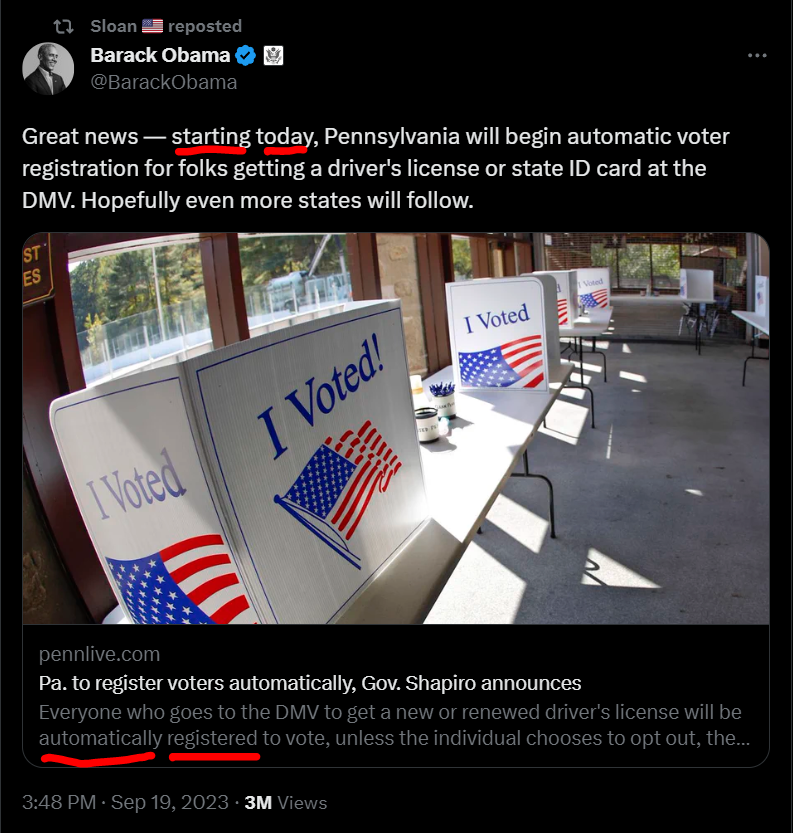 1ng1n33r_'s tweet image. On March 14, 2012, Republican PA Gov. Tom Corbett signed #MotorVoter bill into law. 

So what changed? Why does Obama say "starting today" when this has been the law for 11 years? 

I guess they replaced the "you must be a US citizen" with "automatically, unless you opt out".