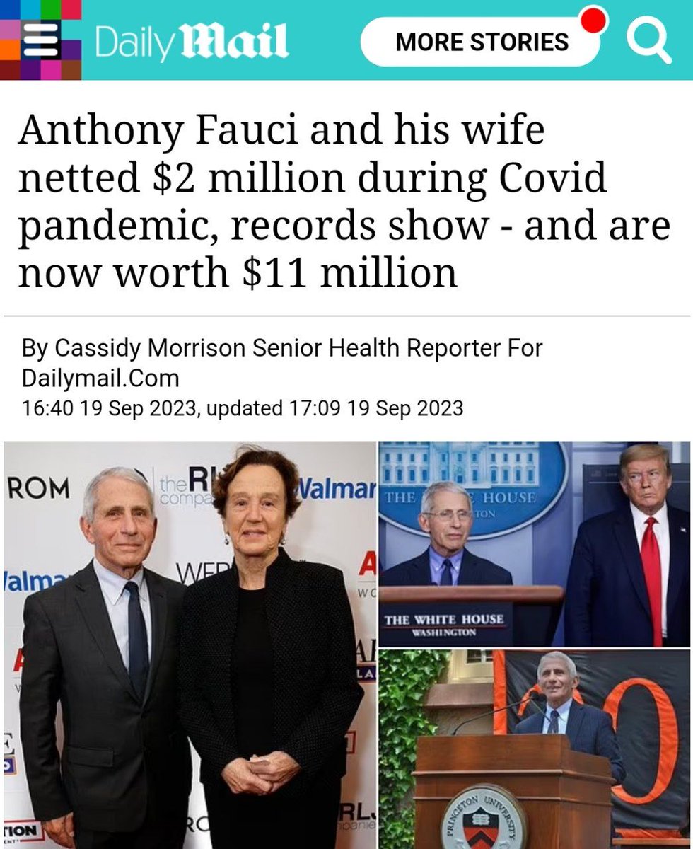 marco1771m's tweet photo. ⚠️Fauci and his wife netted $2 million during Covid pandemic, records show - They had a net worth that exceeded $11 million in 2022 - up from $7.6 million in 2019.

Source:
https://t.co/fvob5F3taQ https://t.co/KYwcpyQjBp