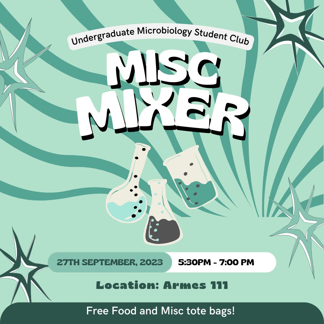 Hello everyone! Come and see what MiSC is all about next Wednesday, September 27th from 5:30-7:00PM (111 Armes) at our first event of the year. Join us for free food, goodie bags, a game of Kahoot and prizes!! See you all there! 🔬🧬🧫🧪 #science #umanitoba #misc #microbiology