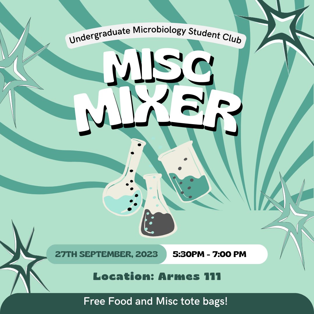 Hello everyone!
Come and see what MiSC is all about next Wednesday, September 27th from 5:30-7:00PM (111 Armes) at our first event of the year. Join us for free food, goodie bags, a game of Kahoot and prizes!! See you all there! 🔬🧬🧫🧪
#science #umanitoba #misc #microbiology