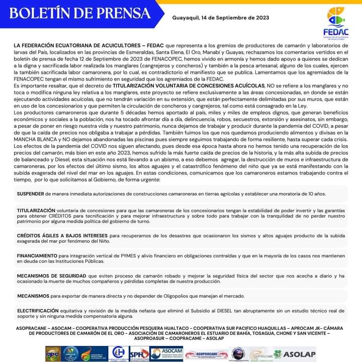 <a href="/LuisaGonzalezEc/">Luisa González</a> <a href="/LaFENACOPEC/">FENACOPEC</a> Estimada <a href="/LuisaGonzalezEc/">Luisa González</a> 👇👇👇 el peligro de los pescadores artesanales concheros camaronero <a href="/fedac_ec/">FEDERACION DE ACUICULTORES</a> de todo el sector productivo y de la población de bien es la delincuencia que extorsiona asesina sin piedad
El Ecuador requiere unidad no más desunión peor conflictos.
Saludos