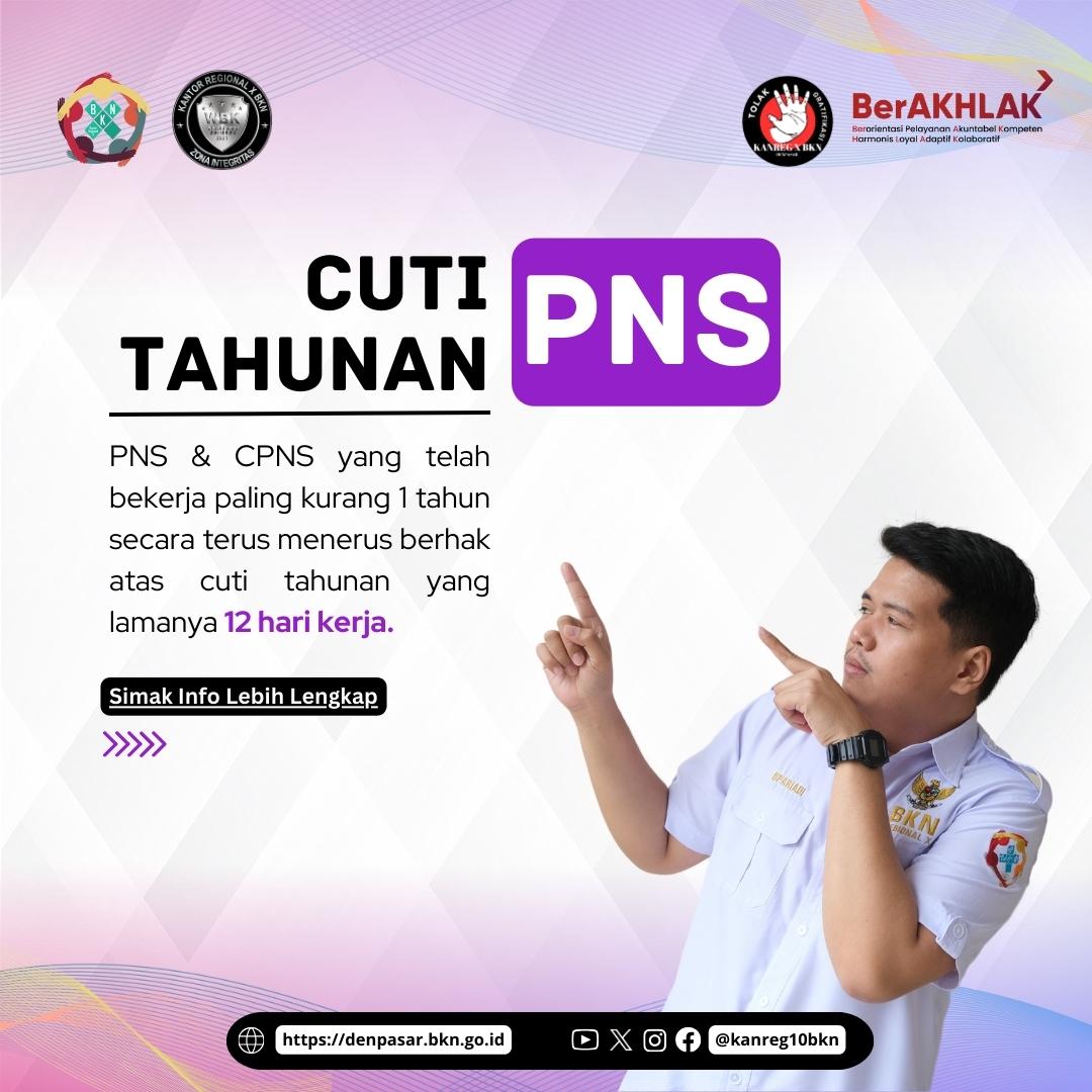 kanreg10bkn's tweet photo. Hi, #SobatBKN!
Yuk, sini merapat. Berdasarkan Peraturan BKN No. 7/2021, PNS atau CPNS berhak memperoleh cuti tahunan selama 12 hari dalam 1 tahun. Sedangkan untuk cuti yg tidak digunakan dapat ditangguhkan & digunakan di tahun berikutnya.
#cutitahunan #cutiasn #liburanyuk https://t.co/rsxgMeK7g0