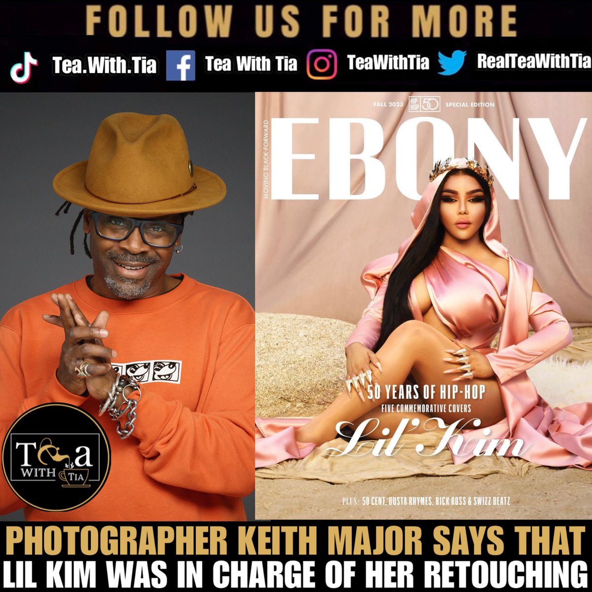 RealTeaWithTia's tweet photo. Aht aht, photographer #KeithMajor is letting it be known that he had nothing to do with how the picture of #LilKim came out. 

Lil Kim graced the cover of #EbonyMagazine in celebration of 50 years of Hip Hop. However, fans and critics alike wanted to know who exactly was in the photo. 

A social media user asked who photographed the photo and Majors made it very clear that it was Lil Kim who was in charge of her own retouching. 

Thoughts…. is the photo out of touch or touched just right ?