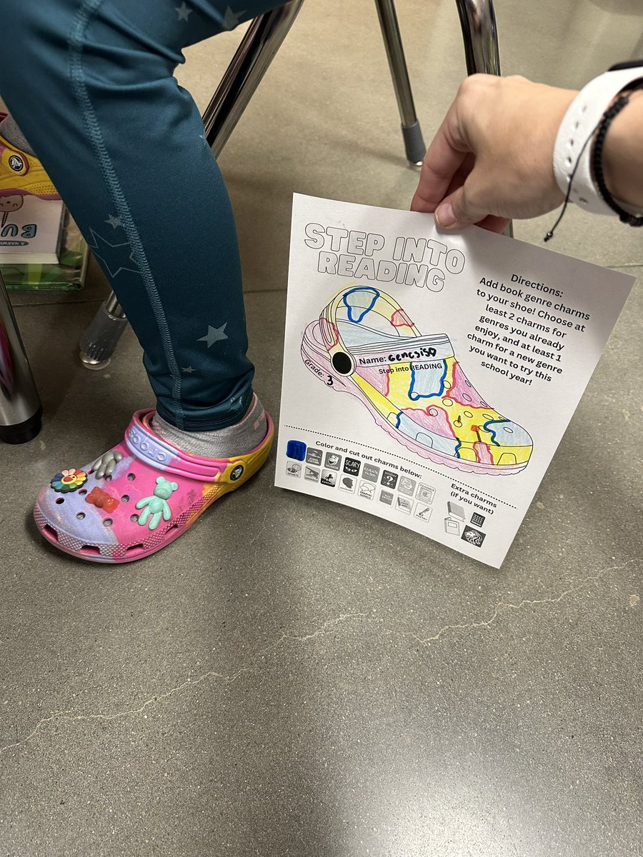 ChrystalBurkes's tweet photo. Finishing up our genre unit by encouraging kids to try a new genre this year! Students are decorating their @Crocs shoe with two “charms” from genres they already enjoy, and one “charm” for a genre they want to try this school year. #teacherlibrarians #elementarylibraries #genre https://t.co/pDMyXbS2nm