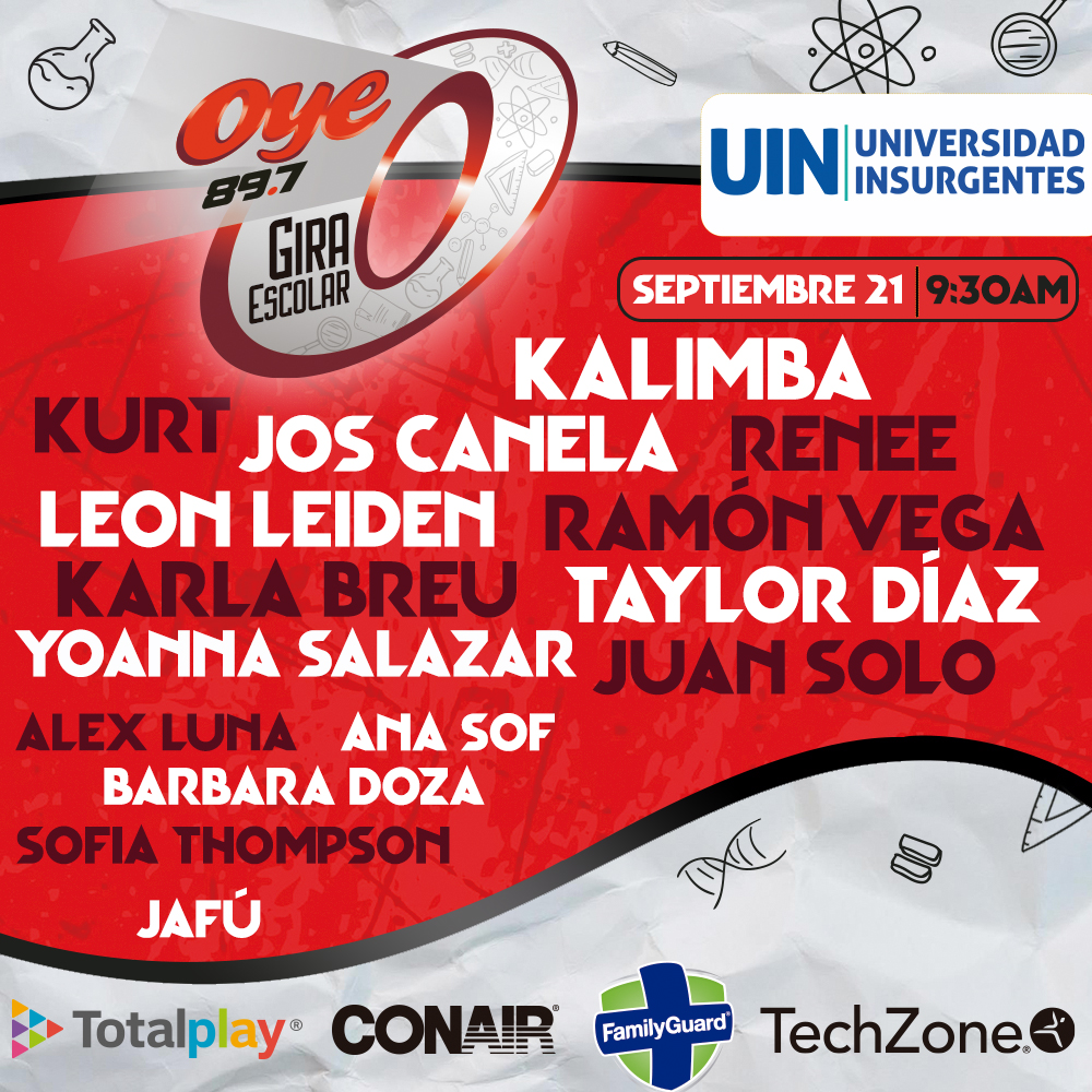 Oye897's tweet photo. Estamos listo para el concierto de la #GiraEscolarOye23 📷Este jueves 21 de septiembre estaremos en #universidadinsurgentes.
¿A quien quieres ver?
#Oye897fm #Kalimba #Kurt #LeonLeiden #JosCanela #Renee #RamonVega #AlexLuna #TaylorDiaz #BarbaraDoza #AnaSof #SofiaThompson #JAFU https://t.co/cquWp1v8X5