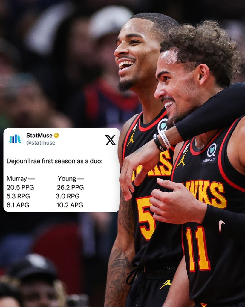 ATLHawks's tweet image. Second set of teammates in NBA HISTORY to average at least 20 PPG and 6 APG in a single season 🔥
