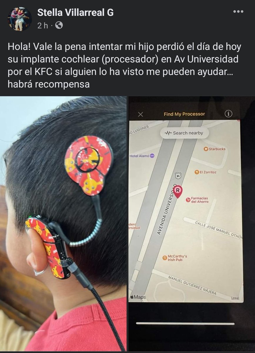 ¡AYUDEMOS!
Solicitan por Facebook ayuda de la comunidad para encontrar un aparato coclear que se extravió por el KFC de Universidad en #SanNicolas NL 

#RT #ServicioSocial