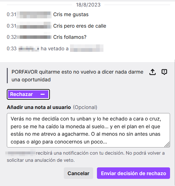 JoGonBa's tweet photo. Cuando vemos un caso así ya sabemos que no tiene remedio; Si las cosas que dice en el chat ya demuestran que está más salido que el pico de una plancha, la ortografía en la petición demuestra que la sangre aún no ha vuelto a subir al cerebro #Twitch #Moderatorsbemoderating https://t.co/rgxSBn5wuI