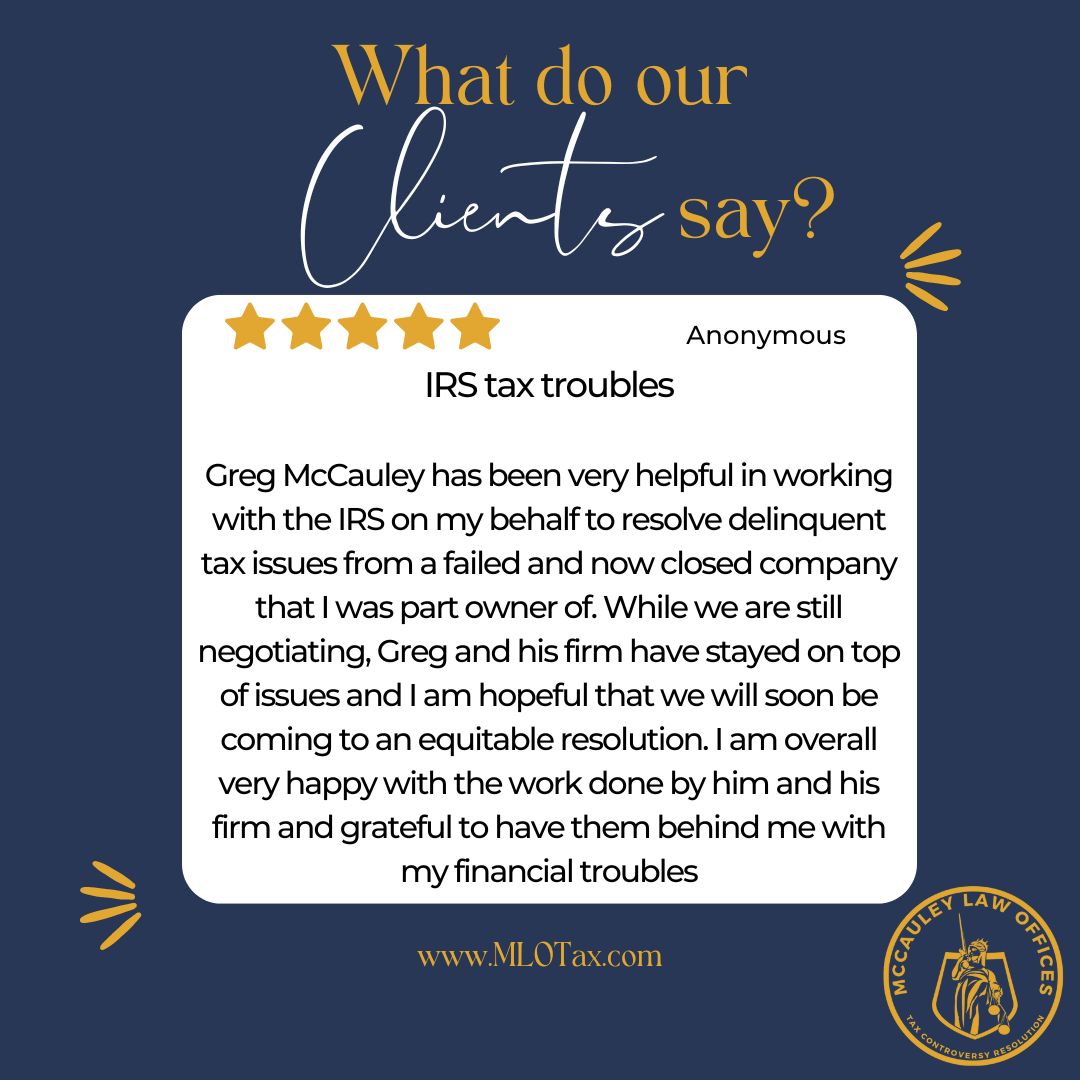 TAXJAMS's tweet photo. ⚖️ McCauley Law: Where Success Meets Satisfaction! 🌟 #ClientTestimonial #OnYourSide #McCauleyLaw #IRS #TaxJam 

https://t.co/Mg0QcgP6oZ https://t.co/5bLjDJTHoK