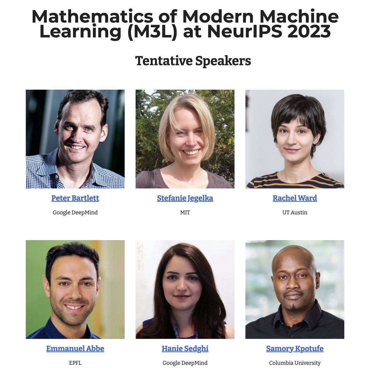 Zhiyuan Li (@zhiyuanli_) on Twitter photo 🚨💡We are organizing a workshop on Mathematics of Modern Machine Learning (M3L) at #NeurIPS2023!
🚀Join us if you are interested in exploring theories for understanding and advancing modern ML practice. sites.google.com/view/m3l-2023
Submission ddl: October 2, 2023
<a href="/M3LWorkshop/">M3L Workshop @ NeurIPS 2024</a> 🚨💡We are organizing a workshop on Mathematics of Modern Machine Learning (M3L) at #NeurIPS2023!
🚀Join us if you are interested in exploring theories for understanding and advancing modern ML practice. sites.google.com/view/m3l-2023
Submission ddl: October 2, 2023
<a href="/M3LWorkshop/">M3L Workshop @ NeurIPS 2024</a>