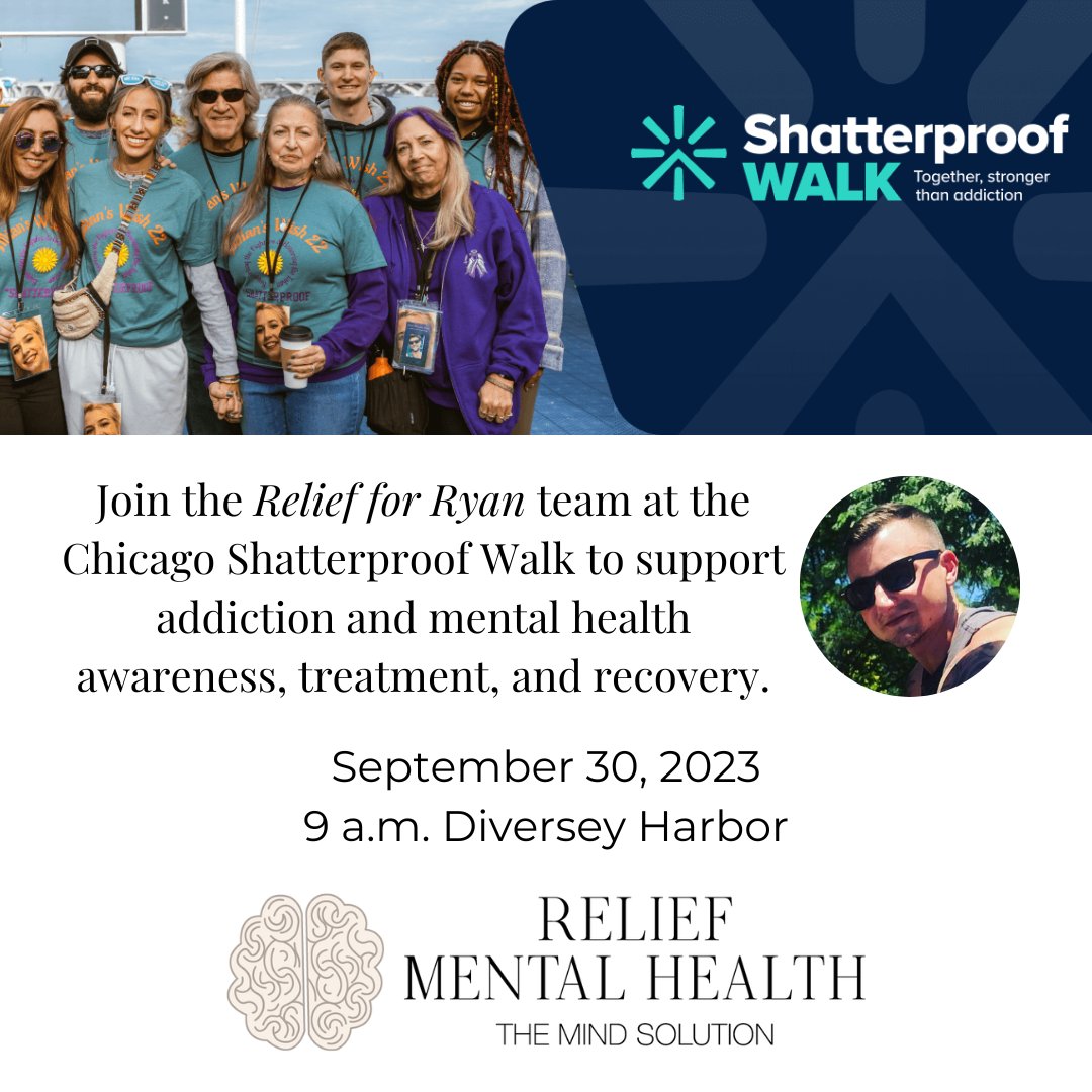reliefmh's tweet photo. Join our team at the #Chicago @ShatterproofHQ Walk in support of our nurse practitioner in #OakBrookIL, Caitlin Strebing, and to honor the memory of her brother who lost his life to a fentanyl overdose. Register: https://t.co/uJ6RHyo8IB #oakbrookillinois #mentalhealthawareness https://t.co/FDPigITM08
