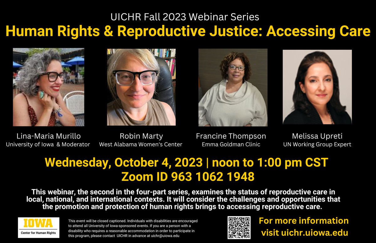 Thrilled to be in conversation with the incredible @robinmarty, Francine Thompson, and Melissa Upreti on October 4! We'll be discussing accessing reproductive health care in a post-Dobbs world!Thanks to the @uiowa Center for Human Rights for hosting this important conversation!!!