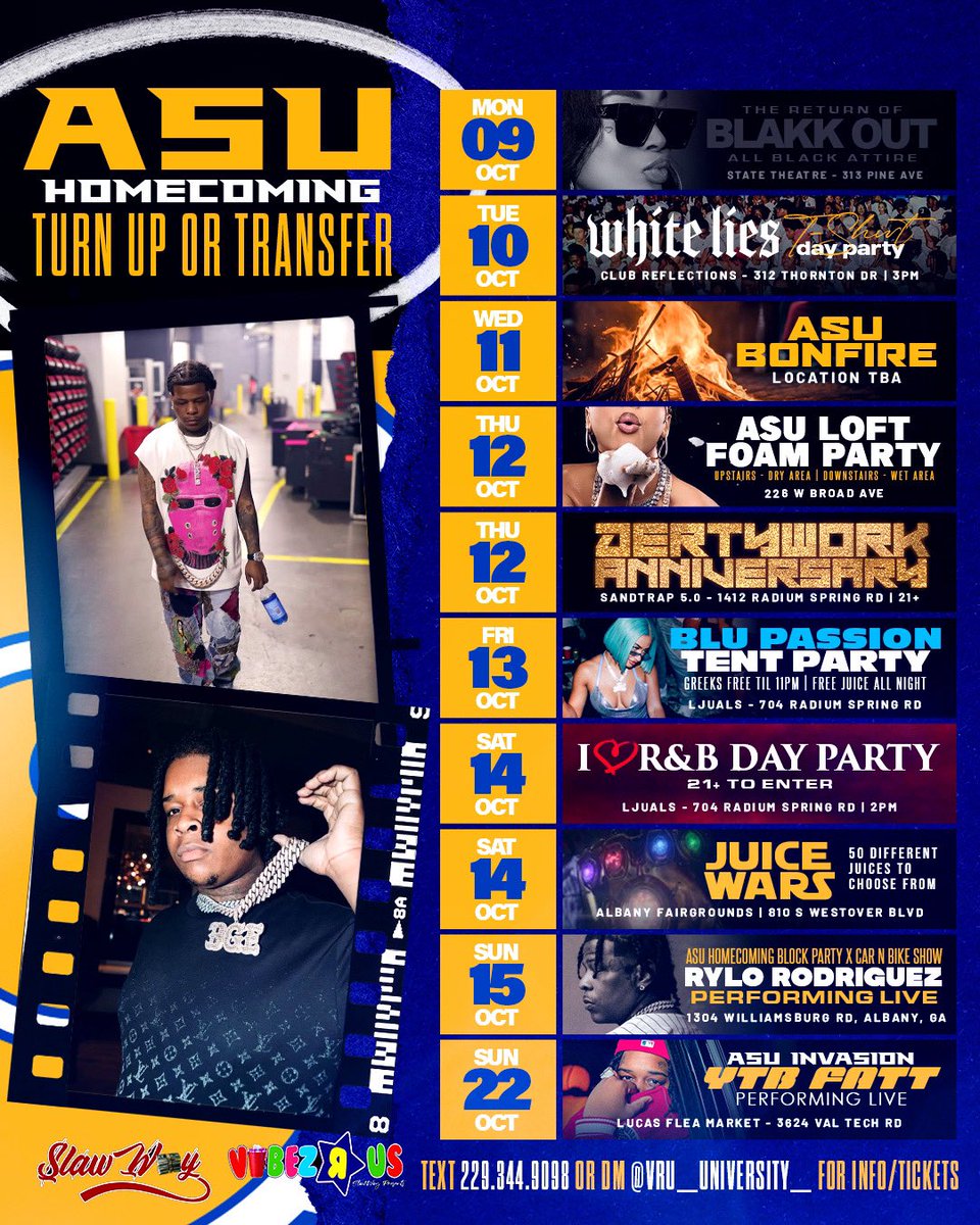 Briel70215876's tweet image. 🔵ASU HOMECOMING LINE UP🟡 

TIX ON WELTP 

Monday  RETURN OF BLACKK OUT 

Tuesday WHITE LIES DAY PARTY 

Wednesday ASU BONFIRE 🔥 

Thursday ASU LOFT FOAM PARTY  🌊

Friday BLU PASSION TENT PARTY 

Saturday JUICE WARS 🥤

weltp.com/event/Mega3

@Lblockasu
@Moneymagicpromo