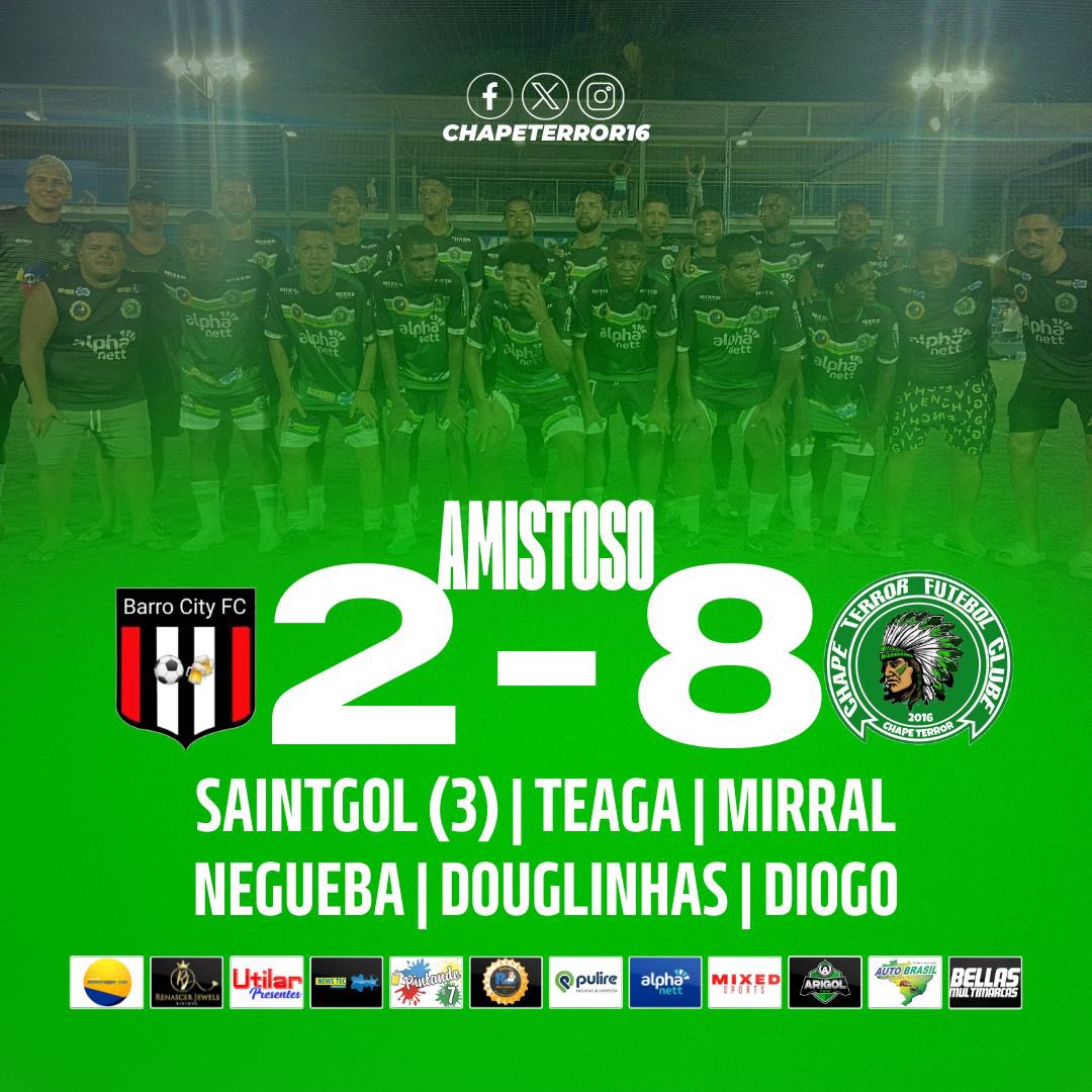 EM RITMO DE TREINO 💚🦇

Em comemoração aos 7 anos e show do <a href="/Saintgol11/">saintgol</a>, a Chape goleia o Barro City por 8 a 2 na casa do adversário.

Saint fez três, <a href="/Thmarques07/">TM8️⃣🇬🇧🥷</a>, @matheusnegueba0, <a href="/LucasMirrall/">Lucas</a>, <a href="/Dgsouuza10/">Douglas Souza</a> e Diogo completaram o placar. 

Passeio em Mesquita💚🤍🦇✍🏻