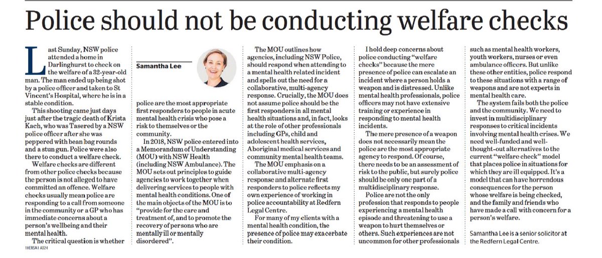 RLC__News's tweet photo. Our Senior Solicitor Sam Lee, in the Sydney Morning Herald today on why police should not conduct welfare checks.

We need a more compassionate and safer response to community members experiencing a mental health crisis and an inquiry into police use of force. https://t.co/rVL8dT3yW3