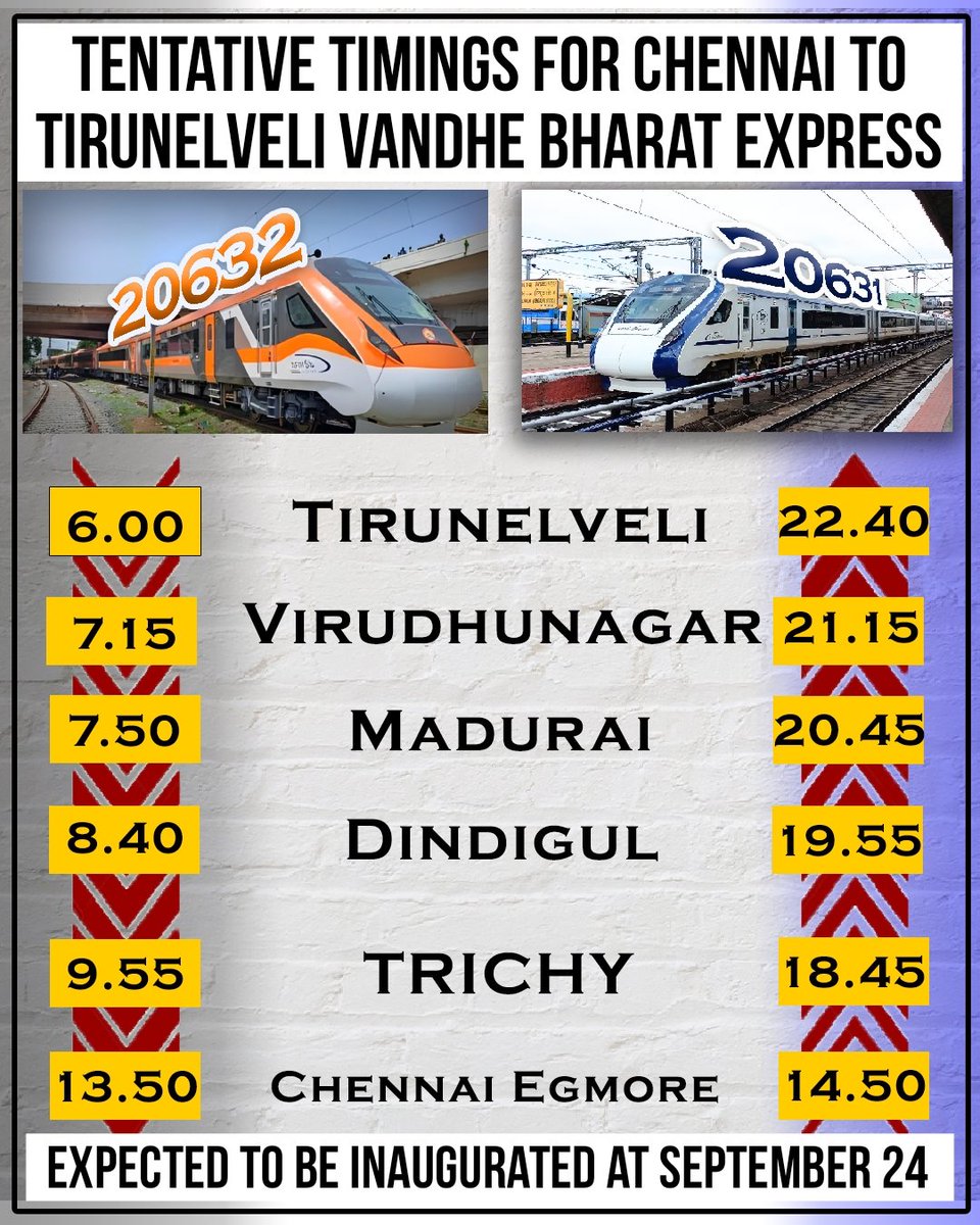 OfTirunelveli's tweet photo. Tirunelveli - Chennai Vandhe Bharat Express is expected to be Inaugurated on September 24th!!! 🤞🤞
And also Tentative timings for Chennai to Tirunelveli VB Express has been released... 

#Tirunelvelicityupdates #Tirunelveli
#Nellai https://t.co/pOqzLGpju0