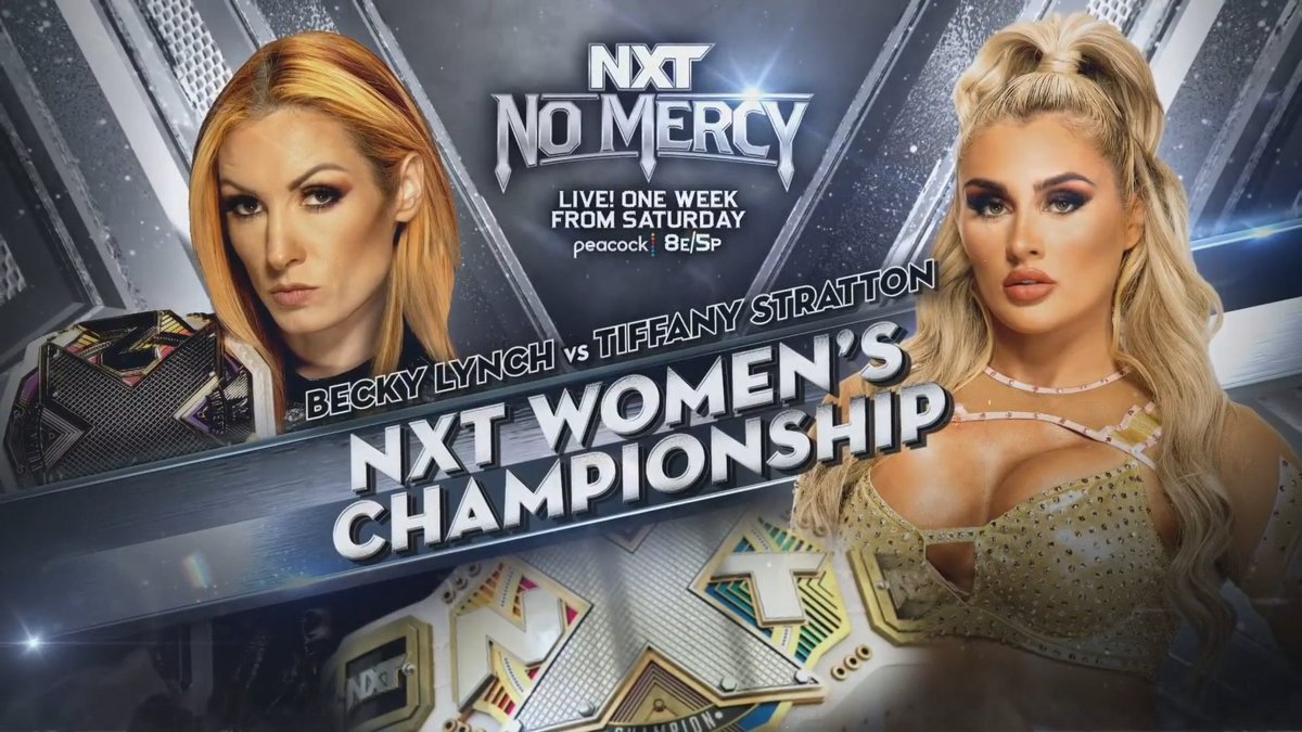 IT IS OFFICIAL! @BeckyLynchWWE will defend her #WWENXT Women's Championship against @tiffstrattonwwe at #NXTNoMercy! Tickets 🎟️: ms.spr.ly/601699i0u