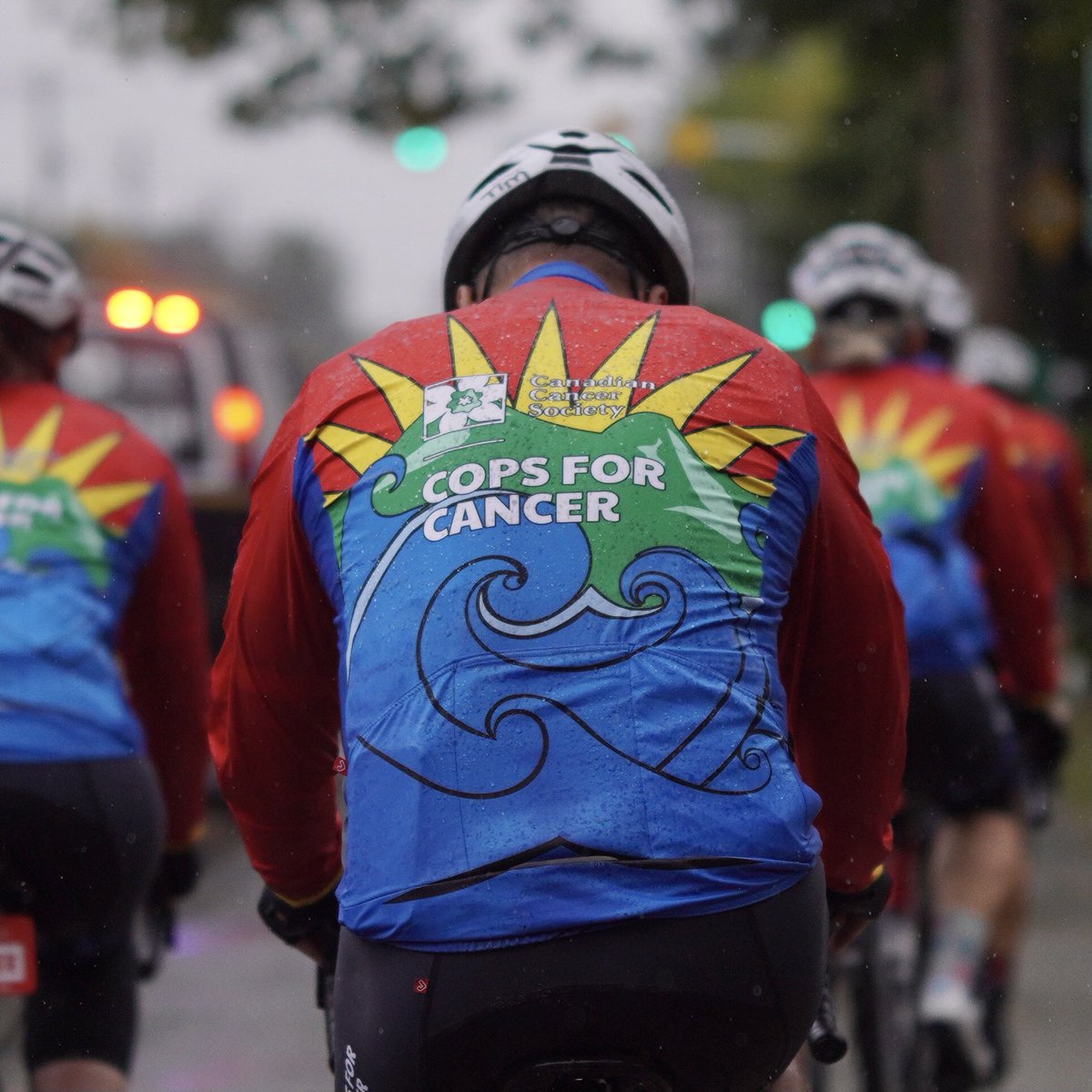 PortMoodyPD's tweet photo. Rain didn’t stop #Cops4Cancer riders as they rode through #portmoody  this afternoon - including our very own rider, Constable John Marshall. Congrats to John as he has already passed his fundraising goal of $6k! 

These #tourdecoast riders are on day 5 of an 8 day 800km journey! https://t.co/IXF5jyvW7j