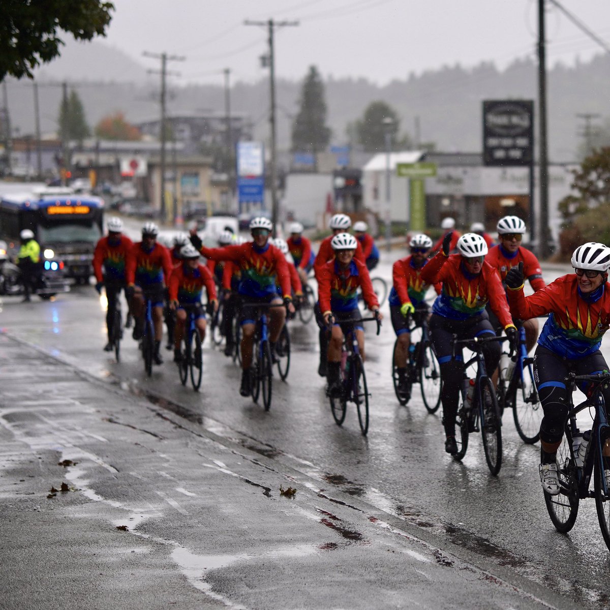 PortMoodyPD's tweet photo. Rain didn’t stop #Cops4Cancer riders as they rode through #portmoody  this afternoon - including our very own rider, Constable John Marshall. Congrats to John as he has already passed his fundraising goal of $6k! 

These #tourdecoast riders are on day 5 of an 8 day 800km journey! https://t.co/IXF5jyvW7j