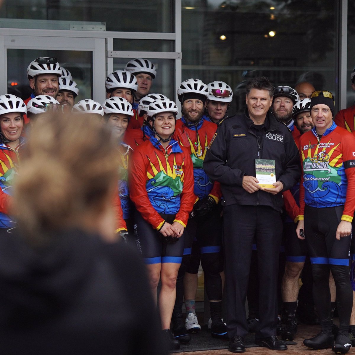 PortMoodyPD's tweet photo. Rain didn’t stop #Cops4Cancer riders as they rode through #portmoody  this afternoon - including our very own rider, Constable John Marshall. Congrats to John as he has already passed his fundraising goal of $6k! 

These #tourdecoast riders are on day 5 of an 8 day 800km journey! https://t.co/IXF5jyvW7j