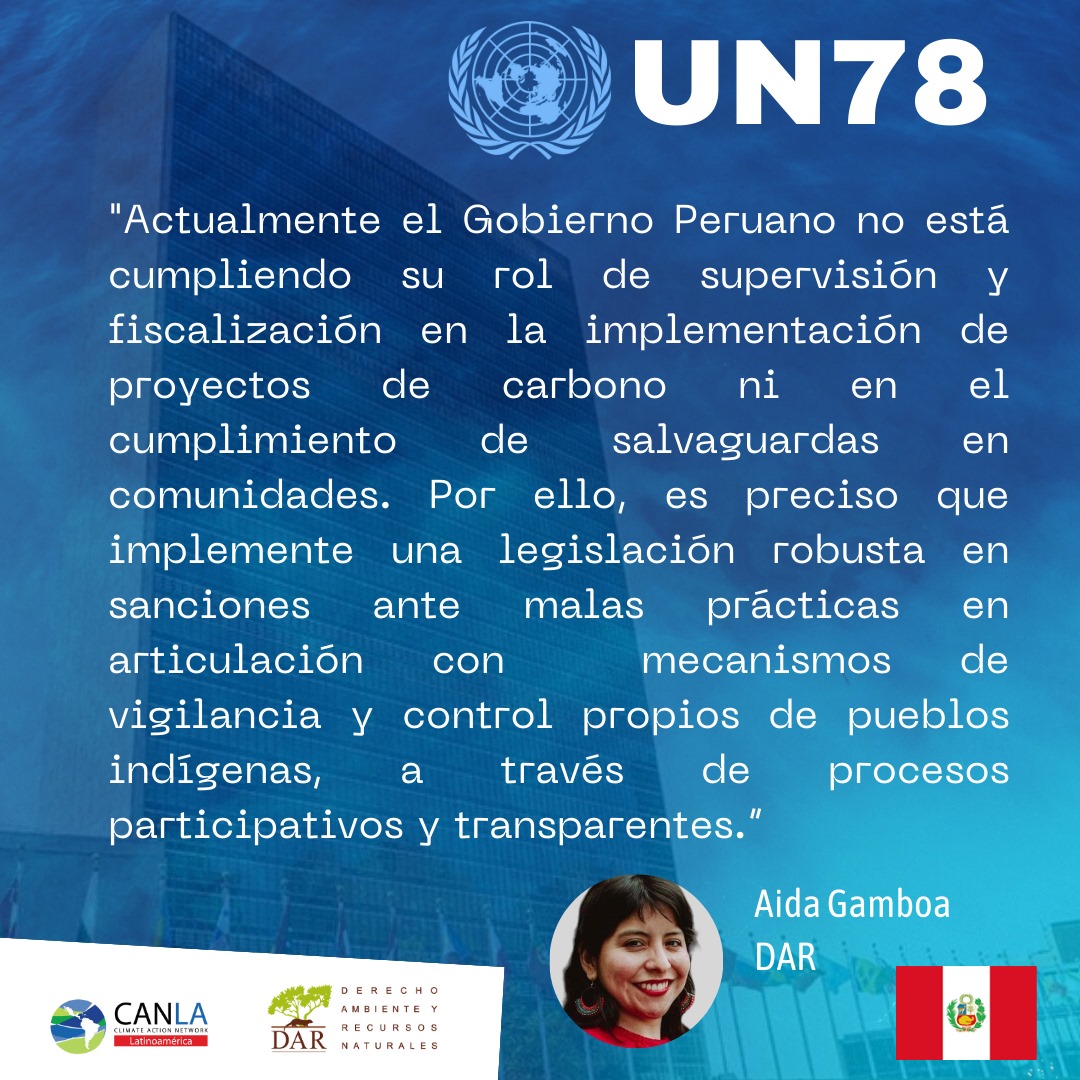 CAN_LA_'s tweet photo. "Actualmente el Gobierno Peruano no está cumpliendo su rol de supervisión y fiscalización en la implementación de proyectos de carbono ni en el cumplimiento de salvaguardas en comunidades..." Aida Gamboa, @ONGDAR 
#UNGA #UNGA78 #UNGA2023 https://t.co/uW5Pan68OI