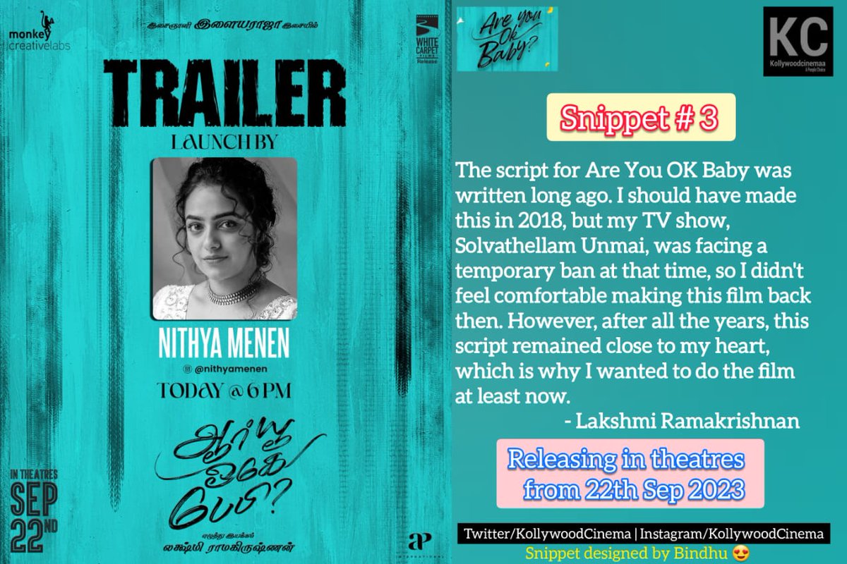 KollywoodCinima's tweet photo. #KollywoodCinima #KcSnippets for #AreYouOkBaby #AYOB by #Bindhu
🎬 @LakshmyRamki
🎸 @ilaiyaraaja
💰 @WCF2021
💰 #MonkeyCreativeLabs #Dstudios
🌟 @thondankani @DirectorMysskin
🌟 @ashokactor @VinodhiniUnoffl
🌟 #Abhirami #DirVijay #Naren
📣 @donechannel1 @teamaimpr https://t.co/WBD4SSpFgq