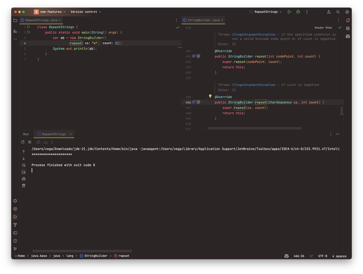 therealdanvega's tweet image. StringBuilder gets a repeat method in #Java21 and are a couple variations of it