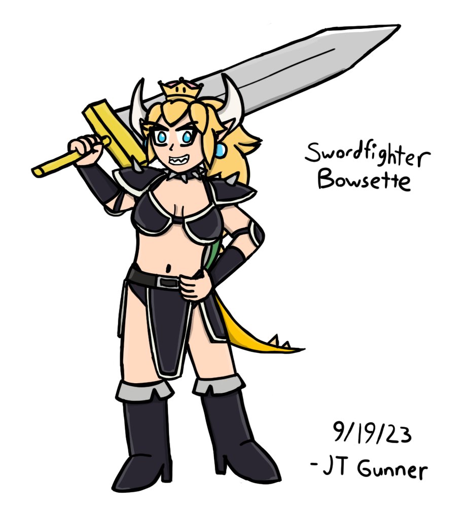 JT_Gunner's tweet photo. It's #BowsetteDay, so I did my yearly drawing of #Bowsette. This is my interpretation of what a "Swordfighter Bowsette" would look like. Planning to do some other outfits later. But anyways, Happy Bowsette Day!

#BowsetteDay2023 #KoopaHime #SuperMario #myart #Nintendo #Mario https://t.co/A7m1iJeDrn