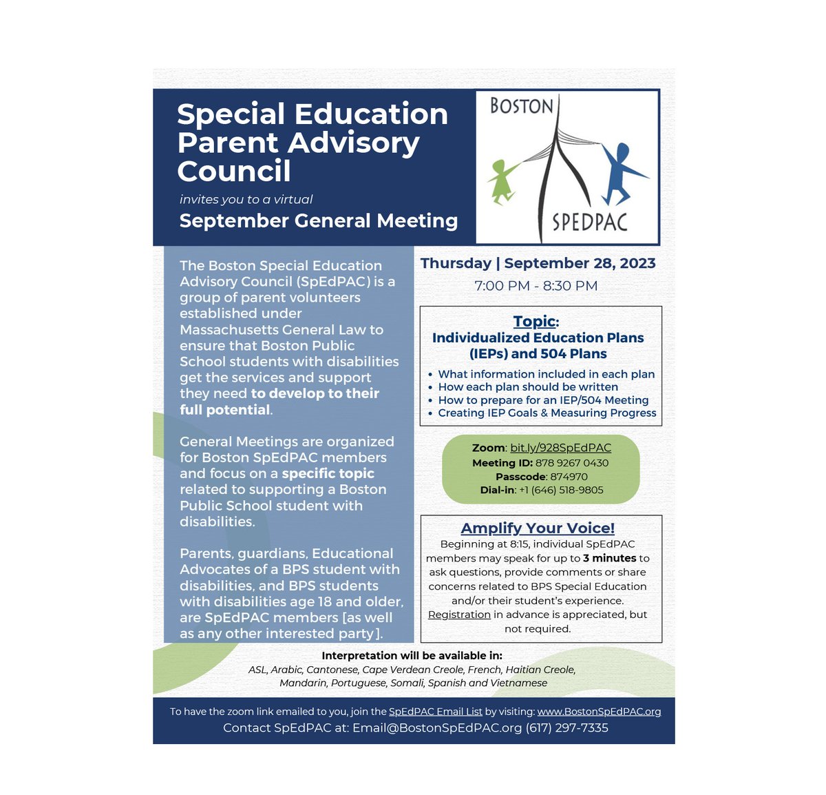 Boston SpedPac (@bostonspedpac) on Twitter photo Join Us on Zoom: Thurs., Sept. 28, 7 to 8:30p
Topic: IEPs & 504 Plans
View translated flyers:
bostonspedpac.org/general-meetin…
Want the Zoom link sent straight to your inbox?
Join the Boston SpEdPAC Mailing List at bit.ly/SpEdPAC_Mailin….
Questions? bostonspedpac411@gmail.com. Join Us on Zoom: Thurs., Sept. 28, 7 to 8:30p
Topic: IEPs & 504 Plans
View translated flyers:
bostonspedpac.org/general-meetin…
Want the Zoom link sent straight to your inbox?
Join the Boston SpEdPAC Mailing List at bit.ly/SpEdPAC_Mailin….
Questions? bostonspedpac411@gmail.com.