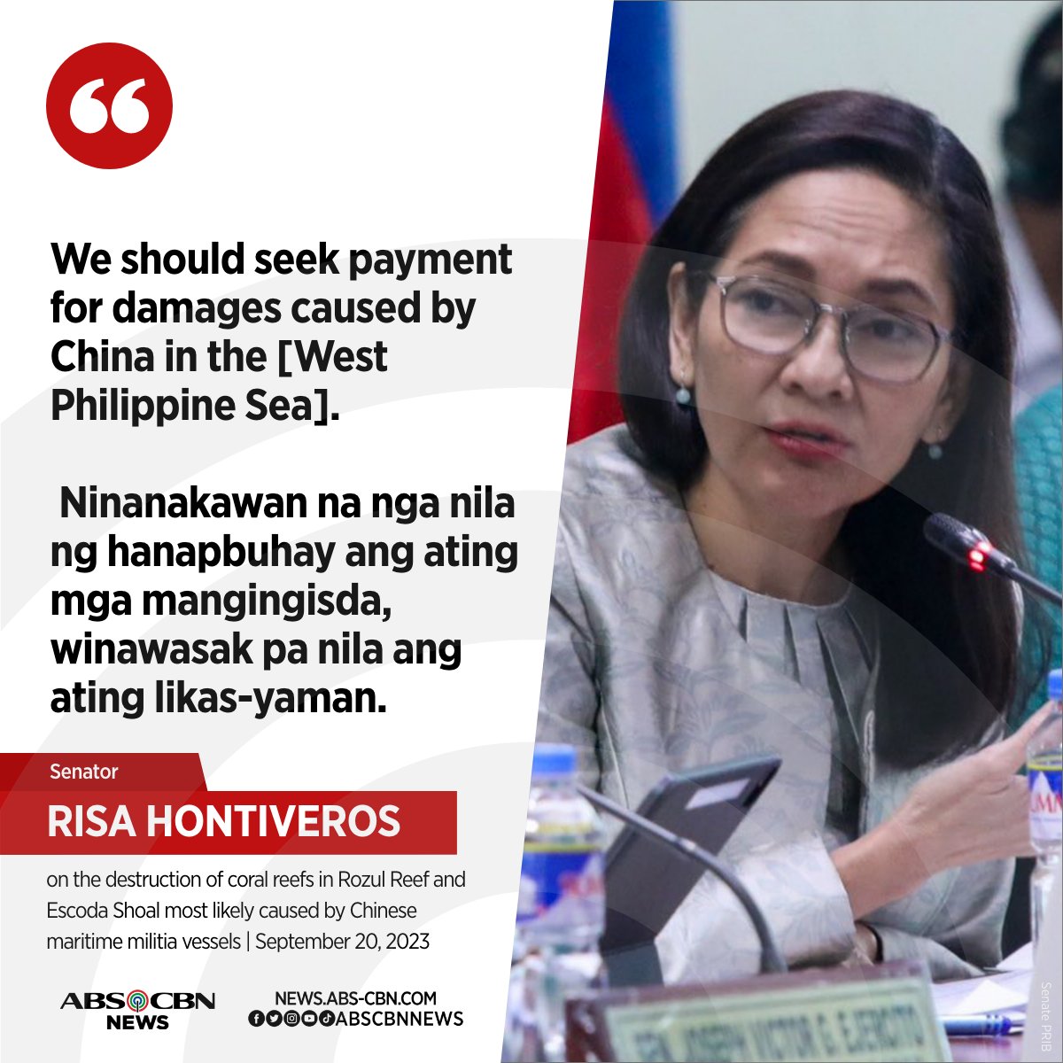ABSCBNNews's tweet photo. The billions of pesos that China would be obliged to pay can be used to address the Philippines' economic crisis, says Sen. Risa Hontiveros.

READ: https://t.co/vodQP1gCe9 https://t.co/QeGXsxUhpq