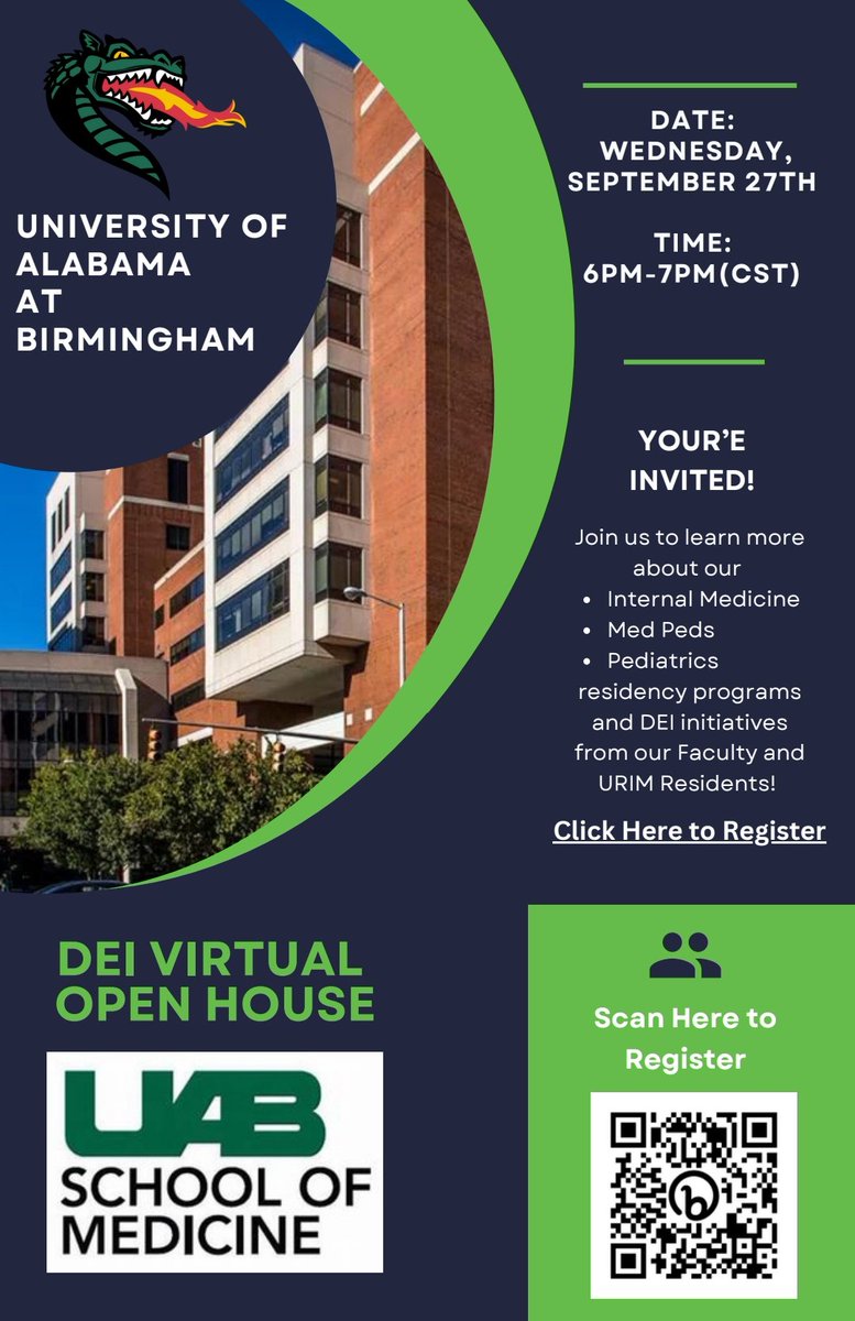 📣📣📣CALLING ALL APPLICANTS!! Join us to learn more about our UAB ⭐️Internal Medicine ⭐️Med-Peds ⭐️Pediatrics Residency Programs and DEI Initiatives from our faculty & URIM Residents on Wed, Sept 27th, 6-7pm CST Link: bit.ly/UABDEIOpenHouse @uabimres @uabpeds @UABMedPeds