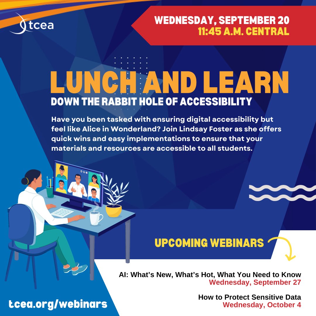 TCEA's tweet photo. Don't forget to sign up for our Lunch and Learn tomorrow!
https://t.co/mtXzGVonDK
#teacherpd #plc #txed #txlachat #edutwitter https://t.co/Ivff5MncRs